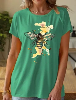 Women's T Shirt Bees Stylish Casual Short Sleeve Crew Neck Regular Tops Daily Print Yellow Pink Blue Green Summer Women T-Shirts