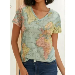 Outlet Women's T Shirt Blouse Basic Modern Print T-shirt Sleeve Short Sleeve Regular Tops V Neck Street Daily Summer Women T-Shirts