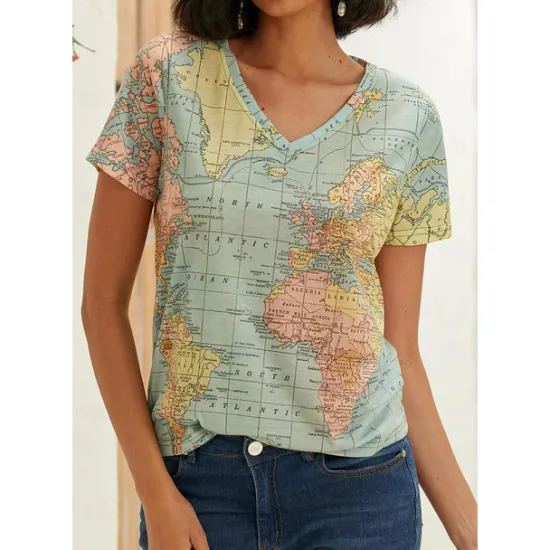 Outlet Women's T Shirt Blouse Basic Modern Print T-shirt Sleeve Short Sleeve Regular Tops V Neck Street Daily Summer Women T-Shirts