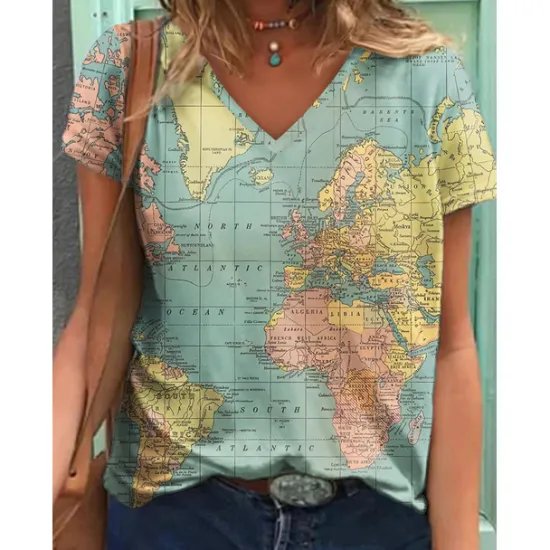 Outlet Women's T Shirt Blouse Basic Modern Print T-shirt Sleeve Short Sleeve Regular Tops V Neck Street Daily Summer Women T-Shirts