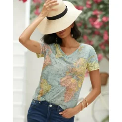 Outlet Women's T Shirt Blouse Basic Modern Print T-shirt Sleeve Short Sleeve Regular Tops V Neck Street Daily Summer Women T-Shirts