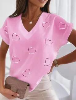 Online Women's T Shirt Blouse Basic Heart Print Dolman Sleeve Short Sleeve Regular Tops V Neck Casual White Pink Blue Women T-Shirts