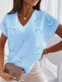 Online Women's T Shirt Blouse Basic Heart Print Dolman Sleeve Short Sleeve Regular Tops V Neck Casual White Pink Blue Women T-Shirts