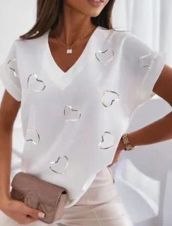 Online Women's T Shirt Blouse Basic Heart Print Dolman Sleeve Short Sleeve Regular Tops V Neck Casual White Pink Blue Women T-Shirts