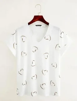 Online Women's T Shirt Blouse Basic Heart Print Dolman Sleeve Short Sleeve Regular Tops V Neck Casual White Pink Blue Women T-Shirts
