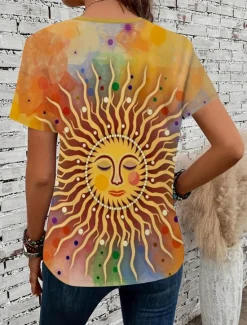 Sale Women's T Shirt Bohemia Vintage Print Short Sleeve Regular Tops V Neck Vacation Daily Summer Women Boho Tops