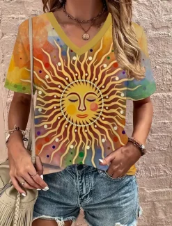 Sale Women's T Shirt Bohemia Vintage Print Short Sleeve Regular Tops V Neck Vacation Daily Summer Women Boho Tops