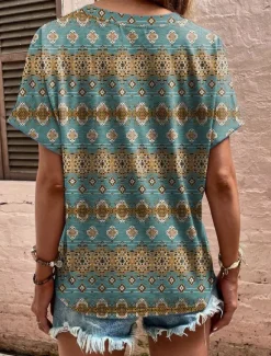 Discount Women's T Shirt Bohemian Blouse Geometric Floral Print V-Neck Short Sleeve Lightweight Fabric Spring Summer Casual Comfort Front Button Detail Versatile Sizing Green Women Boho Tops
