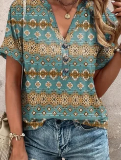 Discount Women's T Shirt Bohemian Blouse Geometric Floral Print V-Neck Short Sleeve Lightweight Fabric Spring Summer Casual Comfort Front Button Detail Versatile Sizing Green Women Boho Tops