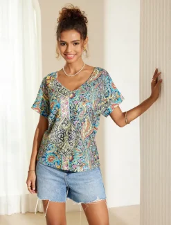 Online Women's T Shirt Boho Blouse Paisley Print V-Neck Short Sleeve Casual Loose Fit Multicolor Lightweight Summer Top Women Boho Tops