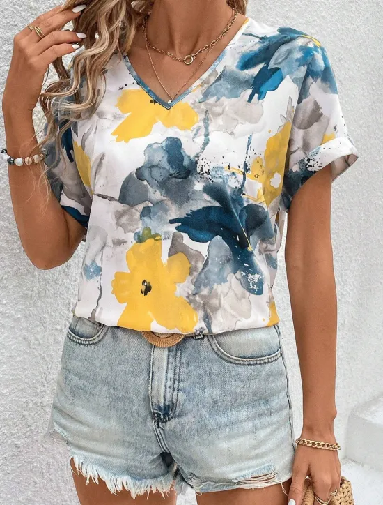 Online Women's T Shirt Boho Blouse Paisley Print V-Neck Short Sleeve Casual Loose Fit Multicolor Lightweight Summer Top Women Boho Tops
