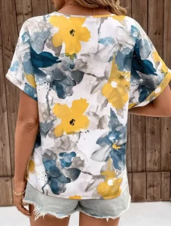 Online Women's T Shirt Boho Blouse Paisley Print V-Neck Short Sleeve Casual Loose Fit Multicolor Lightweight Summer Top Women Boho Tops