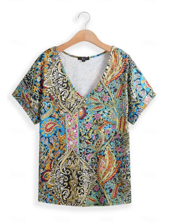 Online Women's T Shirt Boho Blouse Paisley Print V-Neck Short Sleeve Casual Loose Fit Multicolor Lightweight Summer Top Women Boho Tops