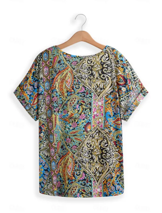 Online Women's T Shirt Boho Blouse Paisley Print V-Neck Short Sleeve Casual Loose Fit Multicolor Lightweight Summer Top Women Boho Tops