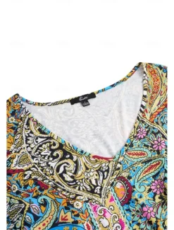 Online Women's T Shirt Boho Blouse Paisley Print V-Neck Short Sleeve Casual Loose Fit Multicolor Lightweight Summer Top Women Boho Tops
