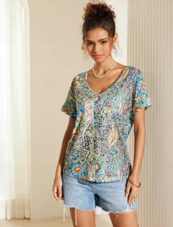 Online Women's T Shirt Boho Blouse Paisley Print V-Neck Short Sleeve Casual Loose Fit Multicolor Lightweight Summer Top Women Boho Tops