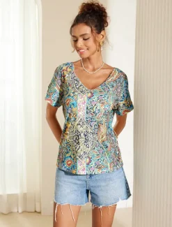 Online Women's T Shirt Boho Blouse Paisley Print V-Neck Short Sleeve Casual Loose Fit Multicolor Lightweight Summer Top Women Boho Tops