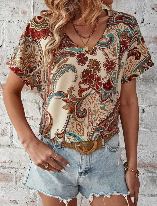 Online Women's T Shirt Boho Blouse Paisley Print V-Neck Short Sleeve Casual Loose Fit Multicolor Lightweight Summer Top Women Boho Tops