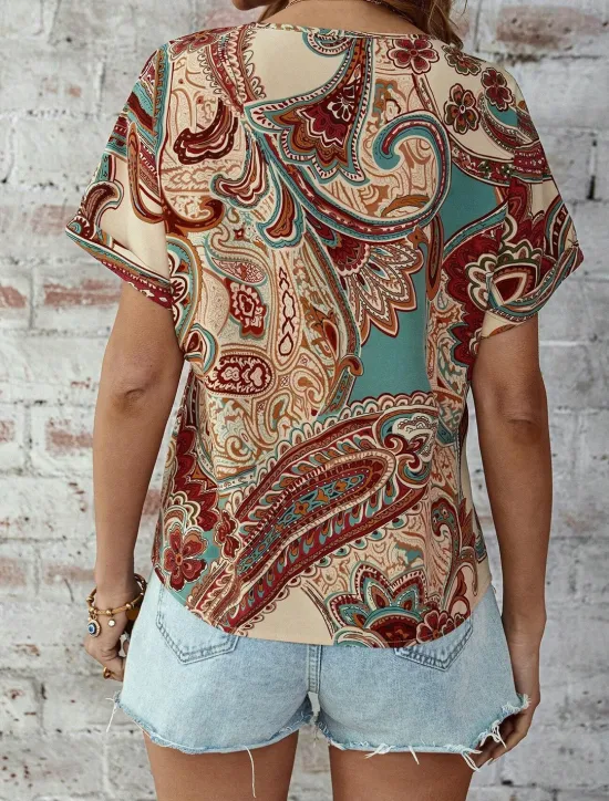 Online Women's T Shirt Boho Blouse Paisley Print V-Neck Short Sleeve Casual Loose Fit Multicolor Lightweight Summer Top Women Boho Tops