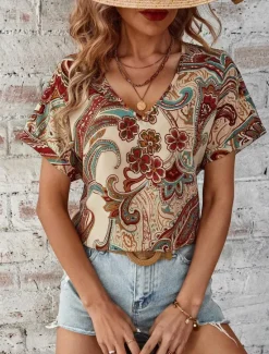 Online Women's T Shirt Boho Blouse Paisley Print V-Neck Short Sleeve Casual Loose Fit Multicolor Lightweight Summer Top Women Boho Tops