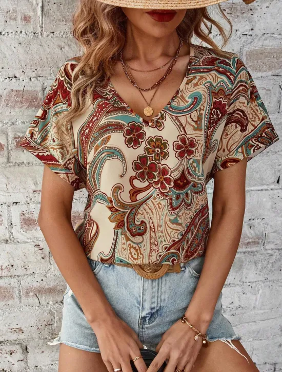 Online Women's T Shirt Boho Blouse Paisley Print V-Neck Short Sleeve Casual Loose Fit Multicolor Lightweight Summer Top Women Boho Tops