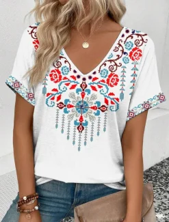 Online Women's T Shirt Boho Short Sleeve Regular Tops V Neck Daily Summer Women Spring Tops|Boho Tops