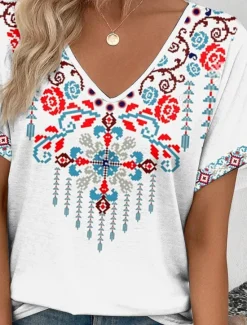 Online Women's T Shirt Boho Short Sleeve Regular Tops V Neck Daily Summer Women Spring Tops|Boho Tops