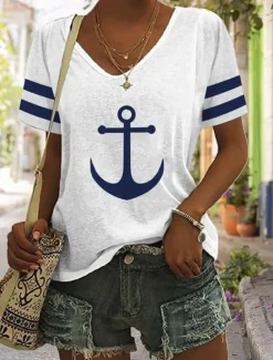 Women's T Shirt Burgundy Tee Basic Anchor Print Short Sleeve Regular Tops V Neck Daily Weekend White Blue Women T-Shirts