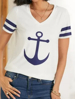 Women's T Shirt Burgundy Tee Basic Anchor Print Short Sleeve Regular Tops V Neck Daily Weekend White Blue Women T-Shirts