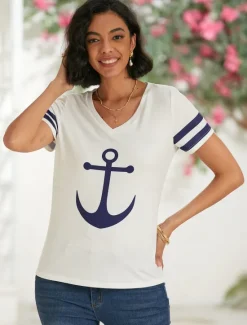 Women's T Shirt Burgundy Tee Basic Anchor Print Short Sleeve Regular Tops V Neck Daily Weekend White Blue Women T-Shirts