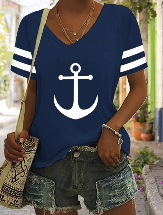 Women's T Shirt Burgundy Tee Basic Anchor Print Short Sleeve Regular Tops V Neck Daily Weekend White Blue Women T-Shirts
