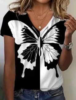 Clearance Women's T Shirt Butterfly Stylish Casual Short Sleeve V Neck Regular Tops Daily Print Summer Women T-Shirts