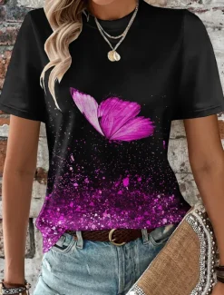 Sale Women's T Shirt Butterfly Fashion Short Sleeve Round Neck Regular Tops Daily Weekend Print Blue Purple Fuchsia Light Blue Summer Women T-Shirts