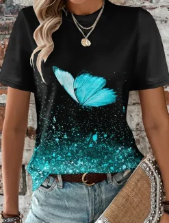 Sale Women's T Shirt Butterfly Fashion Short Sleeve Round Neck Regular Tops Daily Weekend Print Blue Purple Fuchsia Light Blue Summer Women T-Shirts
