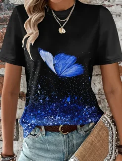 Sale Women's T Shirt Butterfly Fashion Short Sleeve Round Neck Regular Tops Daily Weekend Print Blue Purple Fuchsia Light Blue Summer Women T-Shirts