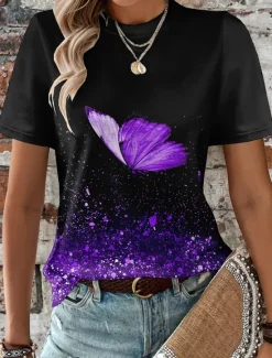 Sale Women's T Shirt Butterfly Fashion Short Sleeve Round Neck Regular Tops Daily Weekend Print Blue Purple Fuchsia Light Blue Summer Women T-Shirts