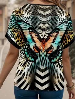 Hot Women's T Shirt Butterfly Casual Short Sleeve V Neck Regular Tops Daily Weekend Print Summer Spring Women Boho Tops