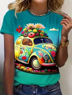Clearance Women's T Shirt Cartoon Casual Short Sleeve Round Neck Regular Tops Daily Print Fall Winter Women Boho Tops