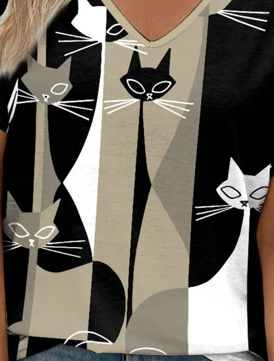 Clearance Women's T Shirt Casual Color Block Cat Print Short Sleeve Regular Tops V Neck Daily Summer Women T-Shirts