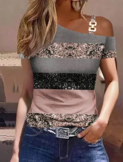 Best Women's T Shirt Casual Color Block Print Cold Shoulder Short Sleeve Regular Tops Off Shoulder Work Casual Black Blue Brown Khaki Light Grey Women T-Shirts