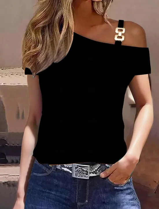 Best Women's T Shirt Casual Color Block Print Cold Shoulder Short Sleeve Regular Tops Off Shoulder Work Casual Black Blue Brown Khaki Light Grey Women T-Shirts