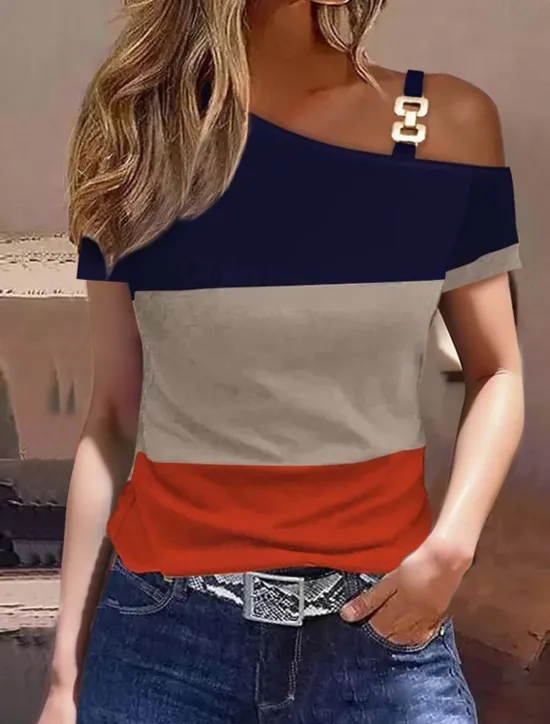 Best Women's T Shirt Casual Color Block Print Cold Shoulder Short Sleeve Regular Tops Off Shoulder Work Casual Black Blue Brown Khaki Light Grey Women T-Shirts