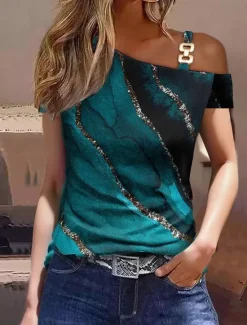 Best Women's T Shirt Casual Color Block Print Cold Shoulder Short Sleeve Regular Tops Off Shoulder Work Casual Black Blue Brown Khaki Light Grey Women T-Shirts