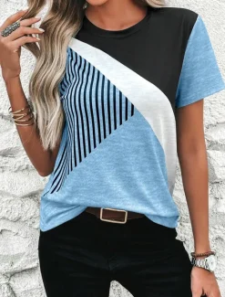 Discount Women's T Shirt Casual Color Block Print Short Sleeve Regular Tops Round Neck Daily Sky Blue Khaki Gray Summer Women T-Shirts