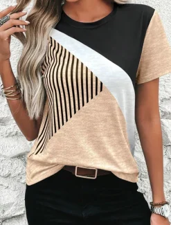 Discount Women's T Shirt Casual Color Block Print Short Sleeve Regular Tops Round Neck Daily Sky Blue Khaki Gray Summer Women T-Shirts