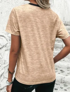Discount Women's T Shirt Casual Color Block Print Short Sleeve Regular Tops Round Neck Daily Sky Blue Khaki Gray Summer Women T-Shirts