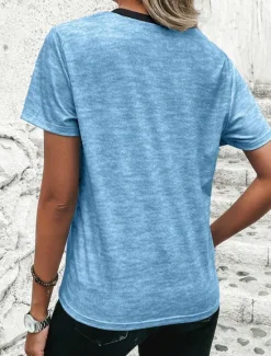 Discount Women's T Shirt Casual Color Block Print Short Sleeve Regular Tops Round Neck Daily Sky Blue Khaki Gray Summer Women T-Shirts