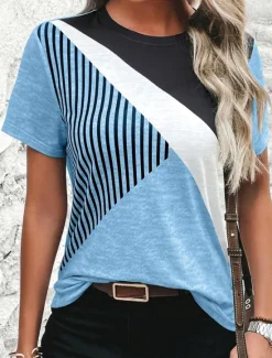 Discount Women's T Shirt Casual Color Block Print Short Sleeve Regular Tops Round Neck Daily Sky Blue Khaki Gray Summer Women T-Shirts