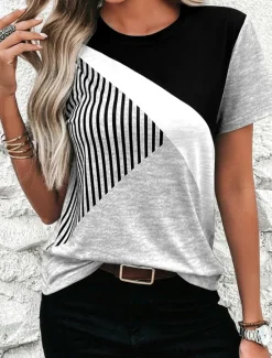 Discount Women's T Shirt Casual Color Block Print Short Sleeve Regular Tops Round Neck Daily Sky Blue Khaki Gray Summer Women T-Shirts