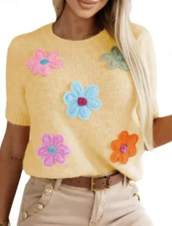 New Women's T Shirt Casual Floral Print Short Sleeve Long Tops V Neck Daily White Yellow Summer Women Spring Tops